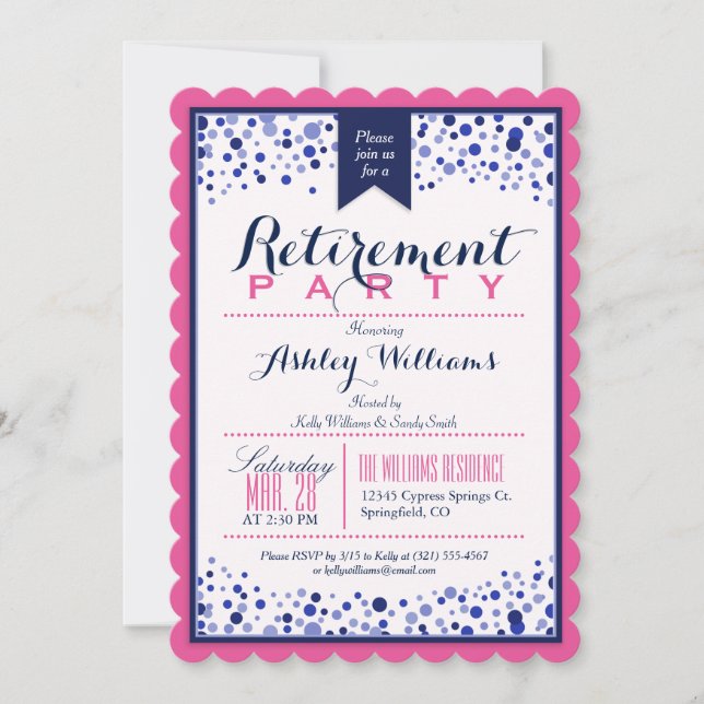 Invitation Rose clair, Blanc, Parti de retraite bleu marine (Devant)