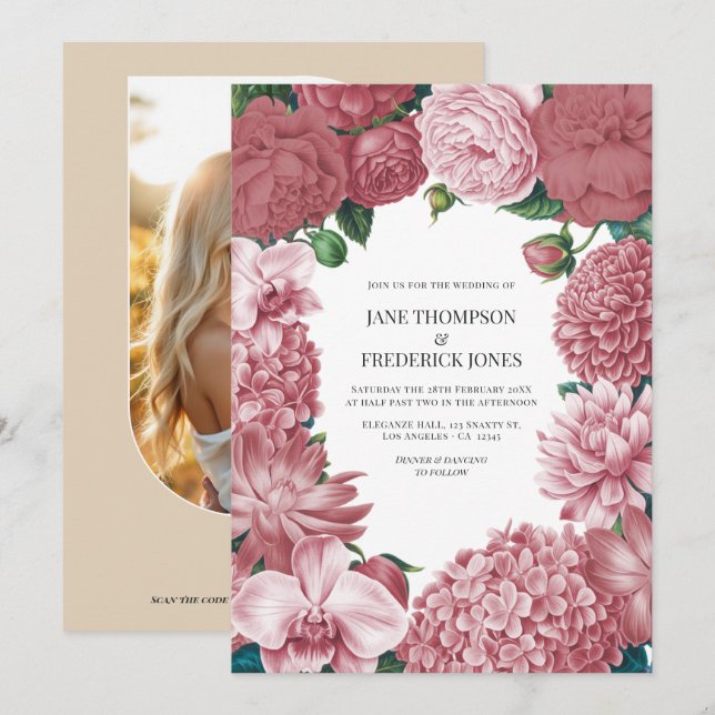 Invitation Rosé Clay, Terra Pink & Peony Smoke Floral Wedding (Devant / Derrière)