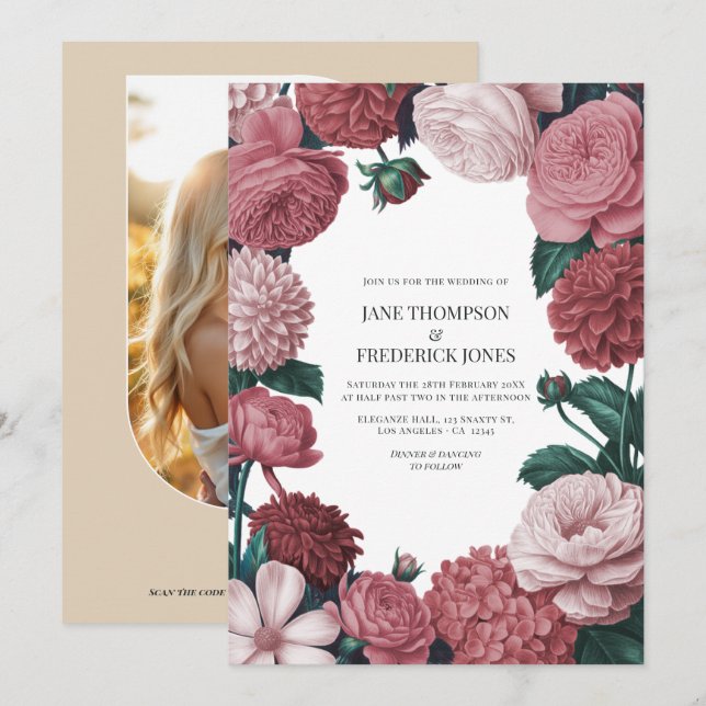 Invitation Rosé Clay, Terra Pink & Peony Smoke Floral Wedding (Devant / Derrière)