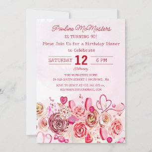 Invitation Rose Coeur Tourbillonnant 90e dîner d'anniversaire