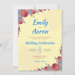 Invitation Rose Corail Jaune Bohème Florale Aquarelle Mariage