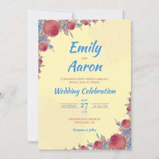 Invitation Rose Corail Jaune Bohème Florale Aquarelle Mariage