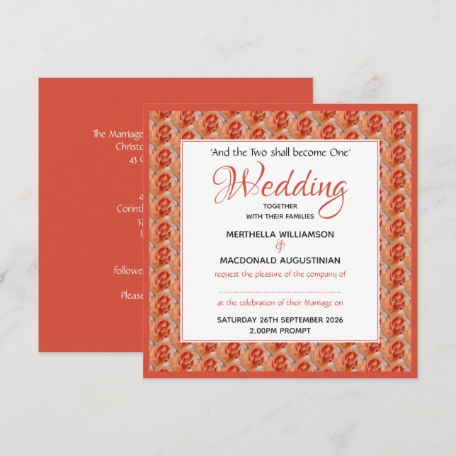 Invitation ROSE CORAL Floral Carré Mariage sur mesure (Devant / Derrière)