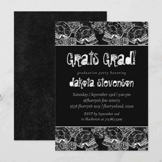 Invitation Rose crâne | Funky Chalkboard Grunge Graduation (Devant / Derrière)
