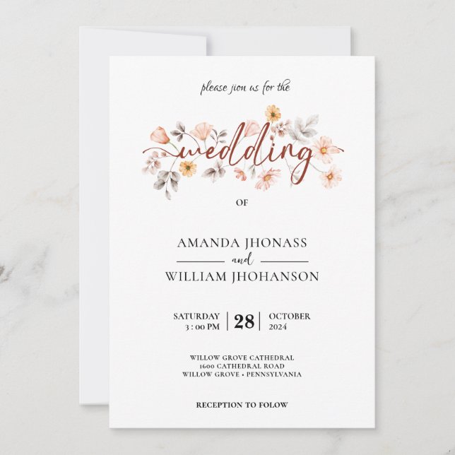 Invitation Rose crème Botanique Pampas Grass Boho Mariage (Devant)