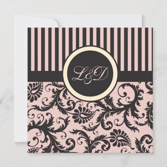 Invitation Rose, Crème, Gris Gris Tirage Damas Monogramme (Devant)