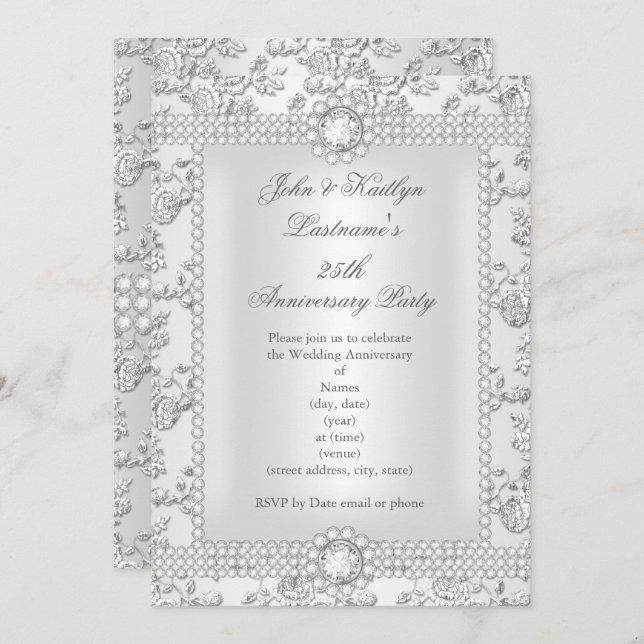 Invitation Rose Damask argent diamantée 25e Anniversaire long (Devant / Derrière)
