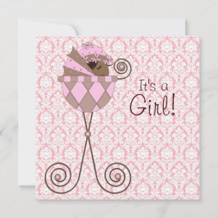 Invitation Rose Damask rose Brown bébé fille douche