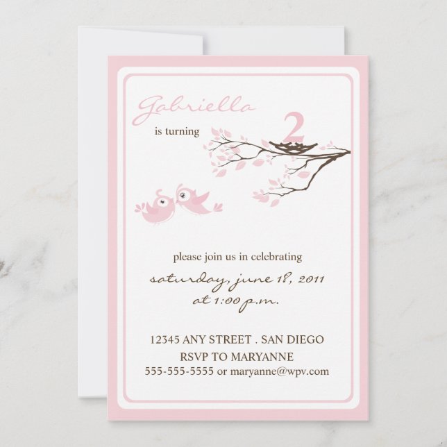 Invitation rose d'anniversaire de petites birdies (Devant)