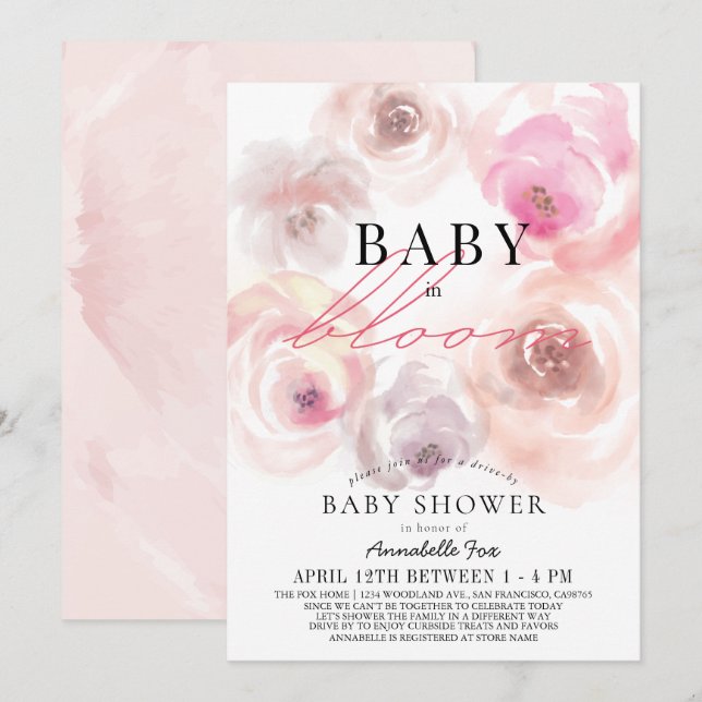 Invitation Rose d'aquarelle en fleur Baby shower Drive-by (Devant / Derrière)