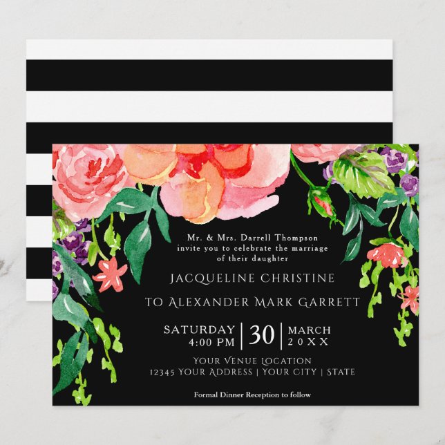 Invitation Rose d'aquarelle moderne papier 5x7 à rayures flor (Devant / Derrière)