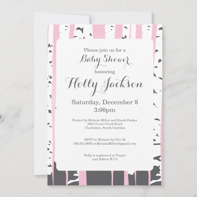 Invitation rose de baby shower d'arbres d'Aspen (Devant)