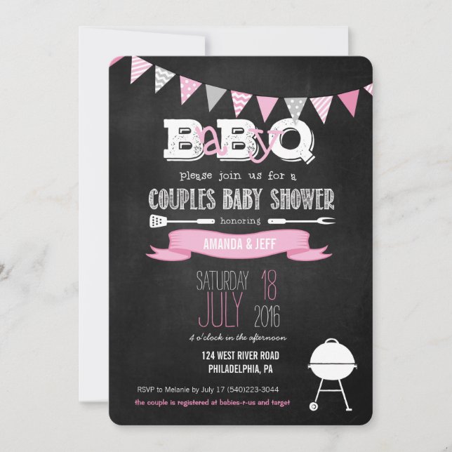 Invitation rose de baby shower de BBQ de BabyQ (Devant)