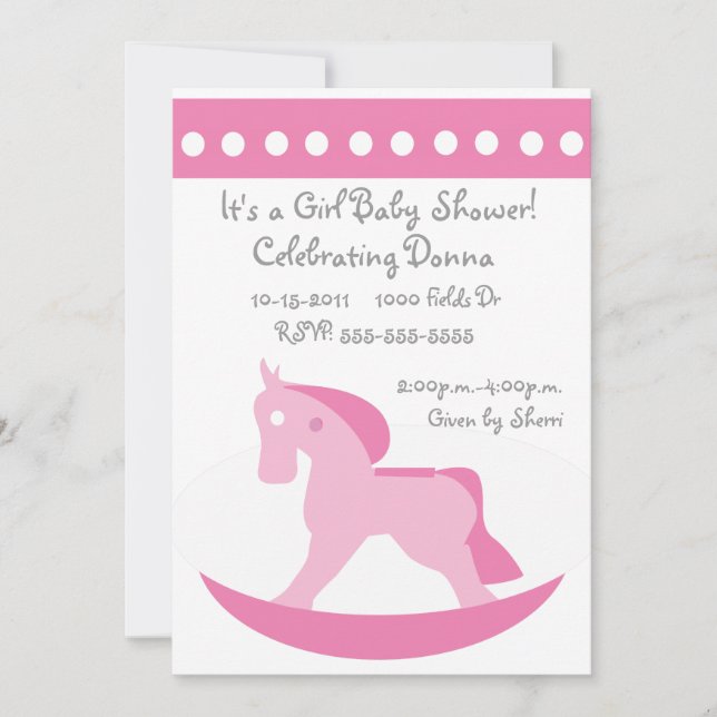 Invitation rose de baby shower de cheval de (Devant)