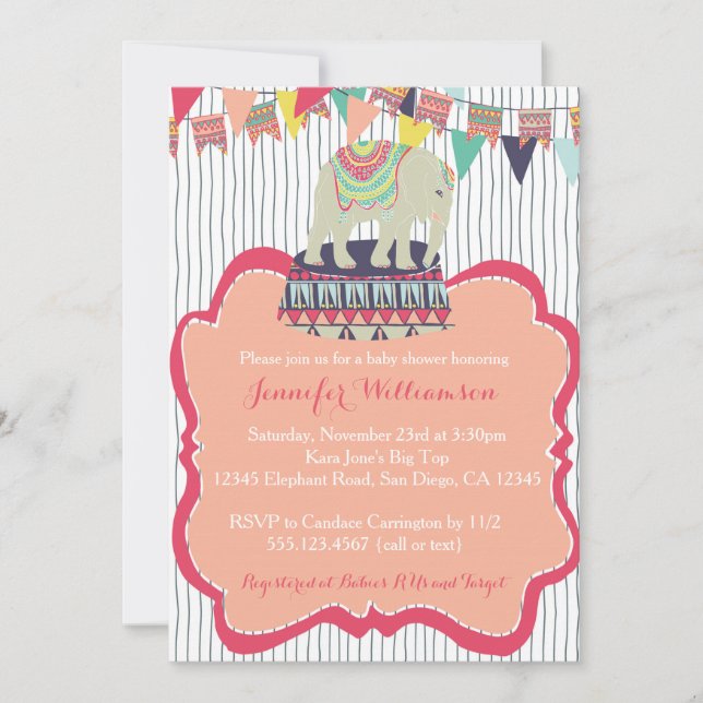 Invitation rose de baby shower de cirque (Devant)