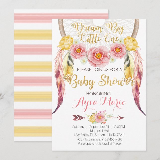 Invitation rose de baby shower de Dreamcatcher (Devant / Derrière)