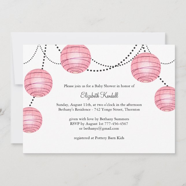 Invitation rose de baby shower de lanterne de (Devant)