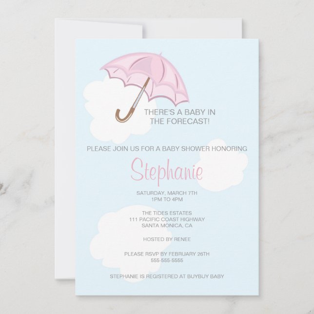 Invitation rose de baby shower de parapluie (Devant)