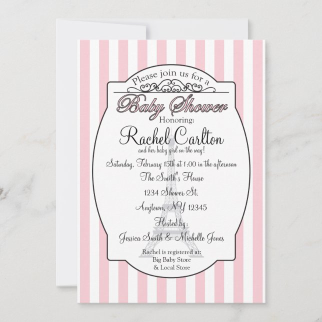 Invitation rose de baby shower de Paris (Devant)