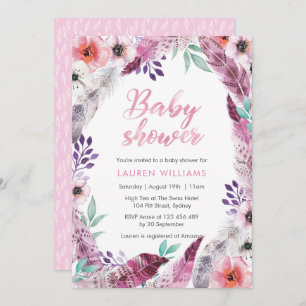 Invitation rose de baby shower de plume de Boho