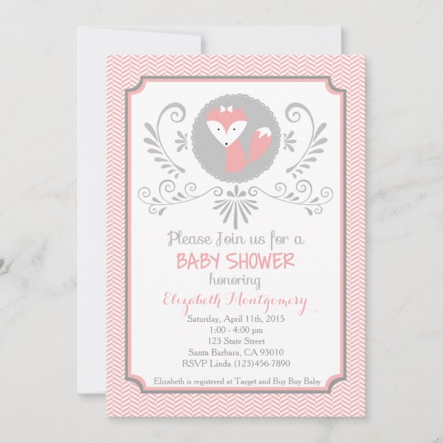 Invitation rose de baby shower de renard (Devant)