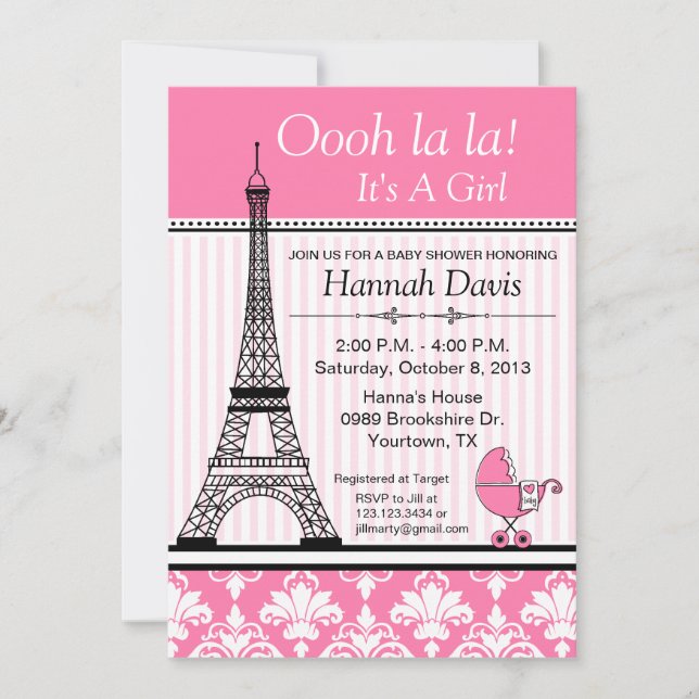 Invitation Rose de baby shower de thème de Tour Eiffel de (Devant)