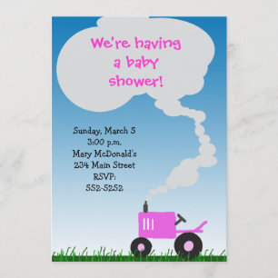 Invitation rose de baby shower de tracteur