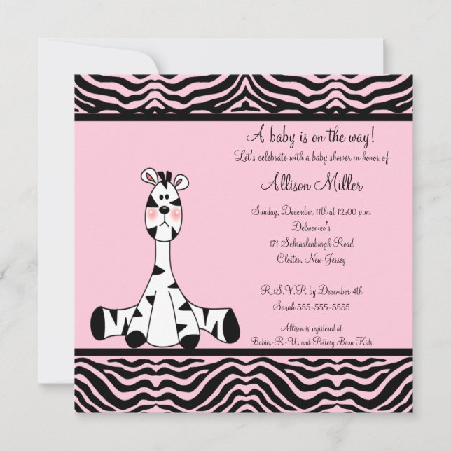 Invitation rose de baby shower de zèbre (Devant)