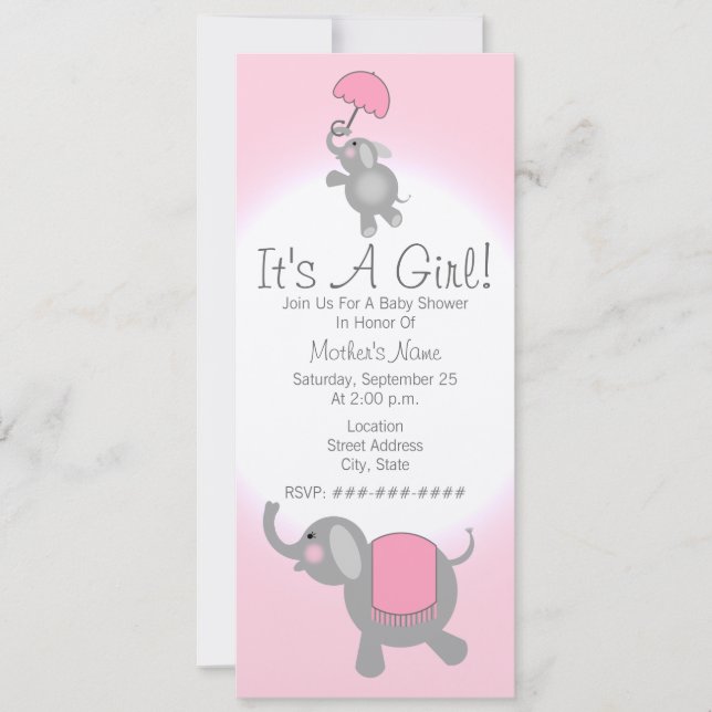 Invitation rose de baby shower - éléphant de mère (Devant)