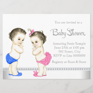 Invitation Rose de bébés adorable et baby shower jumeau bleu