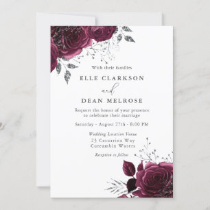Invitation Rose de Bourgogne Élégant Mariage d'argent