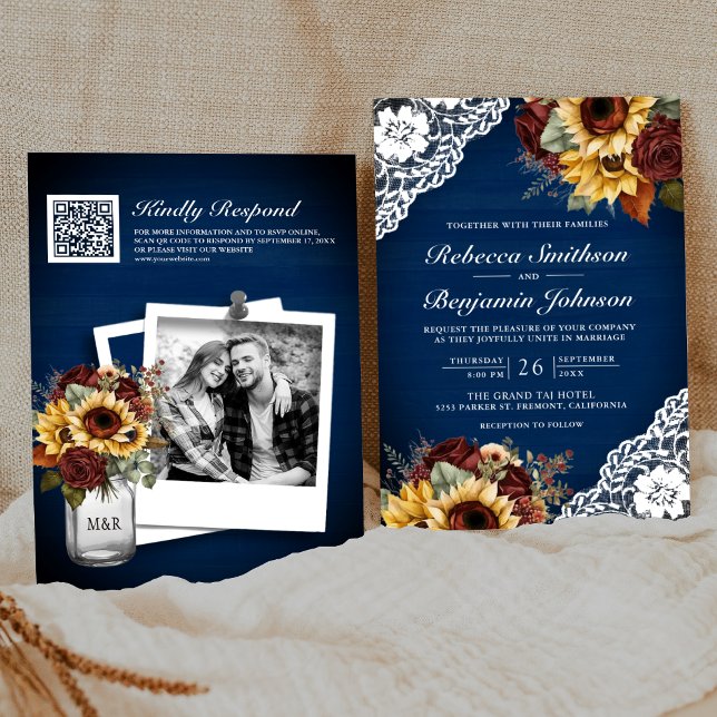 Invitation Rose de Bourgogne Sunflower Marine Lace QR Code Ma (Créateur téléchargé)