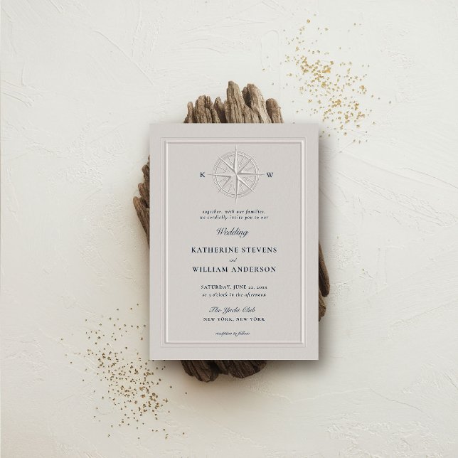 Invitation Rose de boussole Mariage de perles de la côte mari (nautical wedding invitation compass rose modern classicformal traditional beach ocean coastal pearl)