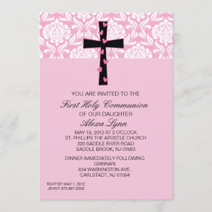 Invitation rose de communion de filles de damassé
