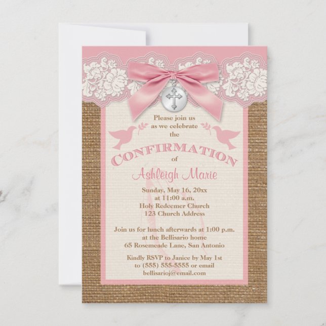 Invitation rose de confirmation IMPRIMÉE d'ARC et (Devant)