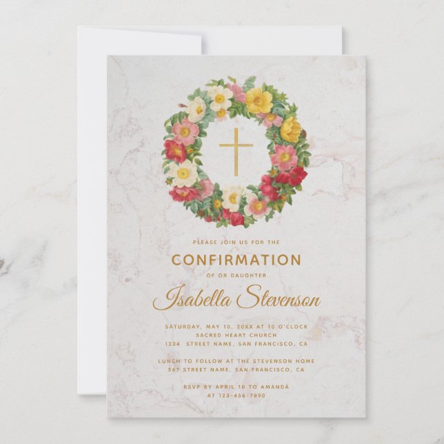 Invitation Rose de confirmation Wreath Gold Cross Floral Marb (Devant)