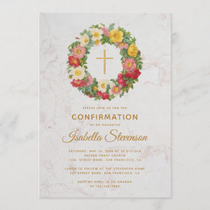 Invitation Rose de confirmation Wreath Gold Cross Floral Marb