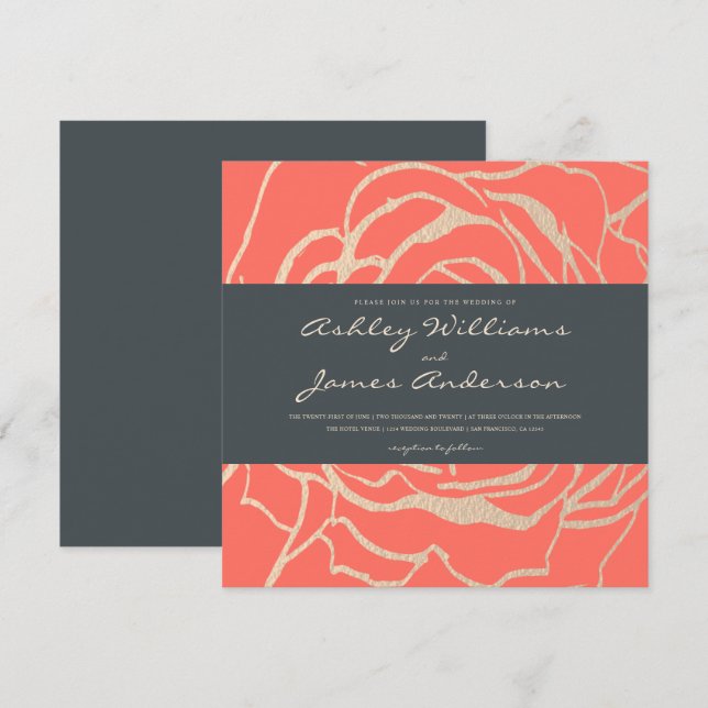 Invitation Rose de corail géométrique Floral Carré Mariage (Devant / Derrière)