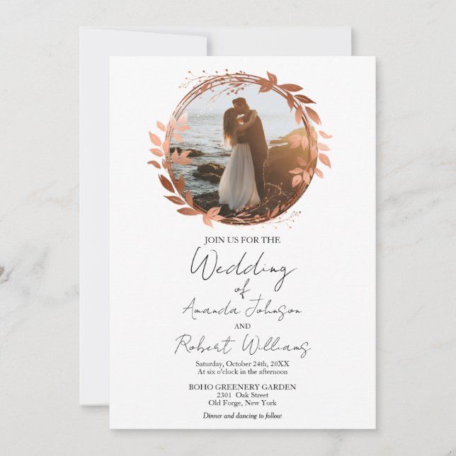 Invitation Rose de couronne or Foil Calligraphie Mariage phot (Devant)