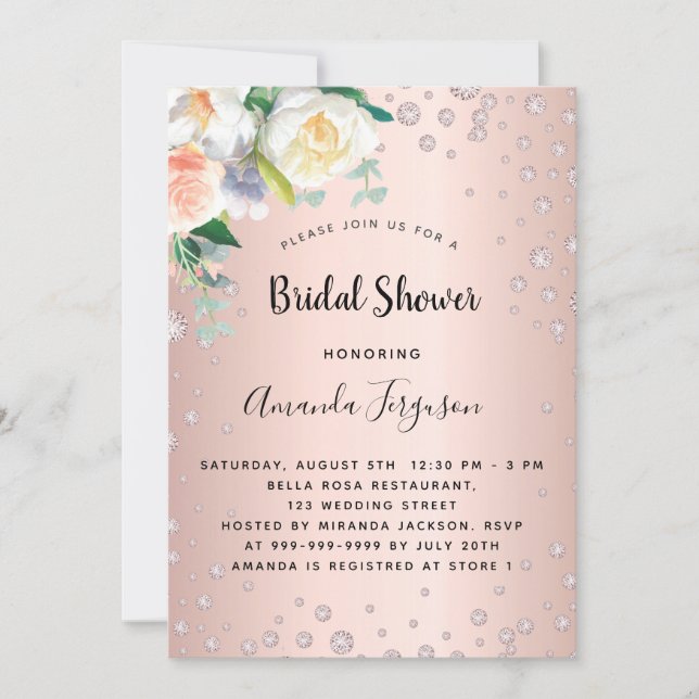 Invitation Rose de douche nuptiale or floraux diamants (Devant)