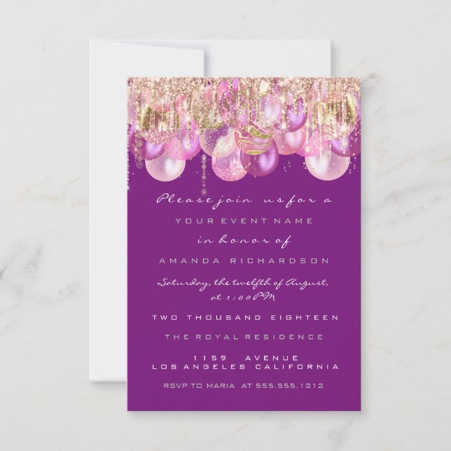 Invitation Rose de drips de paillettes roses Magenta Mariage  (Devant)