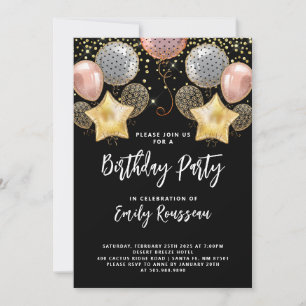 Invitation Rose De Fête Anniversaire Et Balloons D'Or Confett