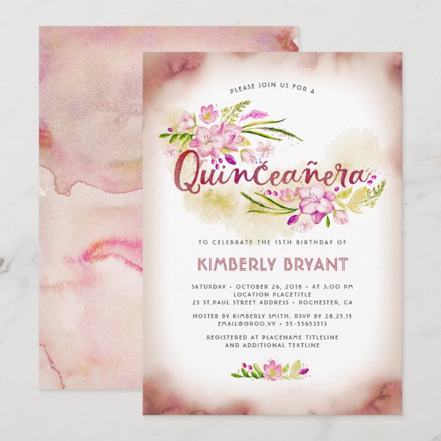 Invitation Rose de fête d'anniversaire de Quinceanera 15ème (Devant / Derrière)