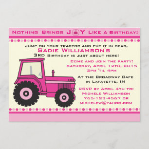 Invitation rose de fête d'anniversaire de tracteur