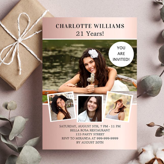 Invitation Rose de fête d'anniversaire or photo collage luxe (Créateur téléchargé)