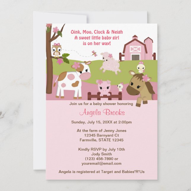 Invitation ROSE de FILLE de baby shower de filles d'animal de (Devant)