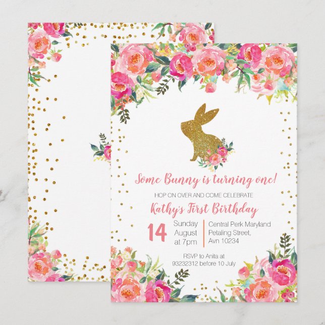 Invitation Rose de fille et anniversaire de lapin d'or floral (Devant / Derrière)