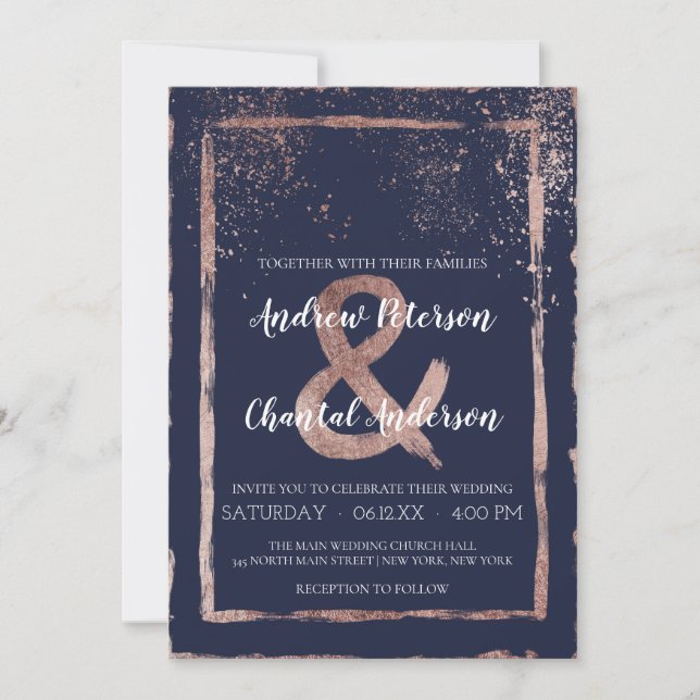 Invitation Rose de Glam Marine Gold Confetti Mariage de Brush (Devant)
