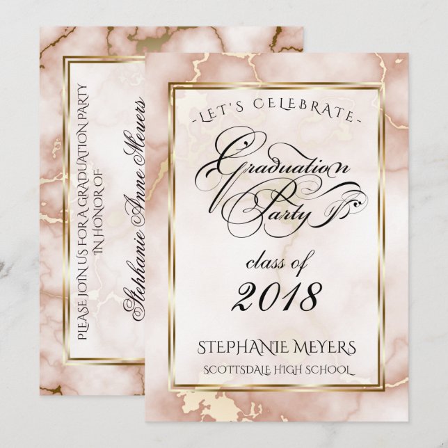 Invitation Rose de la fête d'études supérieures et marbre d'o (Devant / Derrière)