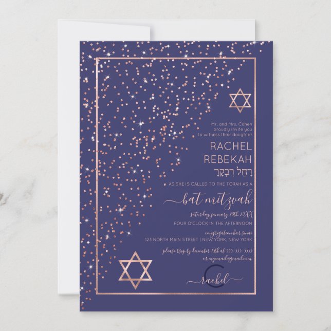 Invitation Rose de la Marine Gold Diagonal Bat mitzvah Confet (Devant)
